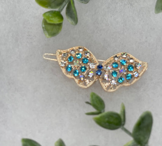 Teal butterfly crystal rhinestone  approximately 2.0” barrette Gold vintage style bridal Wedding shower sweet 16