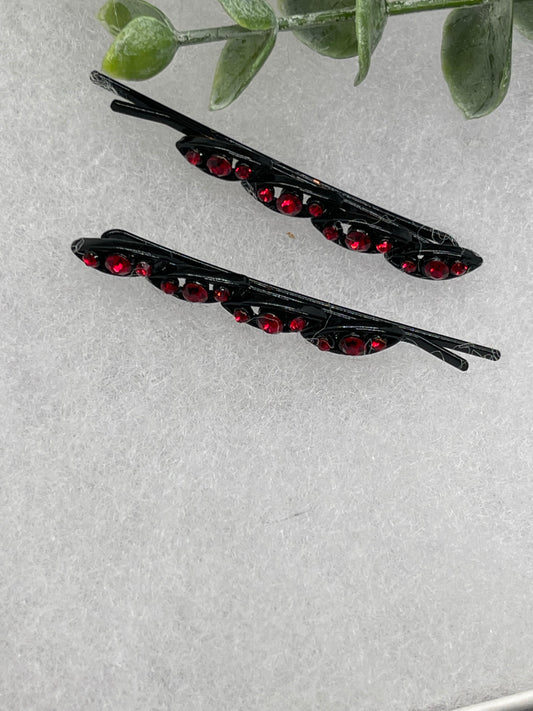 Ruby Red crystal rhinestone approximately 2.5” black tone hair pins 2 pc set wedding bridal shower engagement formal princess accessory accessories