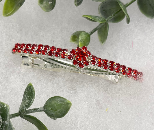 Red Crystal Rhinestone  barrette approximately 3.0” silver tone formal hair accessory gift wedding bridal Hair accessory