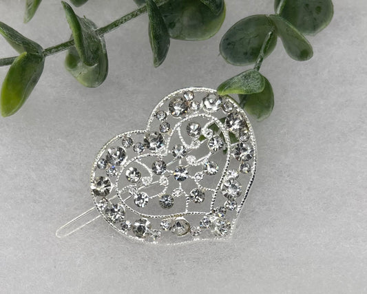 Clear Crystal rhinestone heart silver tone hair clip approximately 2.0” long hair accessory bridal wedding Retro Bridal Party Prom Birthday gifts