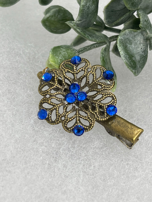 Royal blue crystal rhinestone flower 2.0”alligator clip Antique vintage style bridal Wedding shower