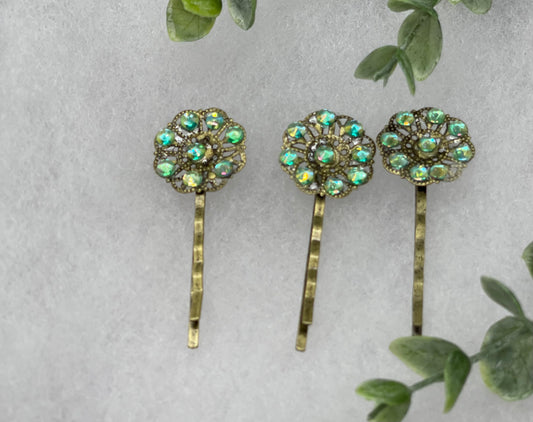 Green crystal  3 pc set Antique vintage Style approximately 3.0” flower hair pin wedding engagement bride princess formal hair accessories