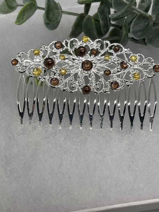 Brown yellow crystal rhinestone 3.5” silver side comb Antique vintage style bridal Wedding shower sweet 16 birthday princess bridesmaid hair accessory