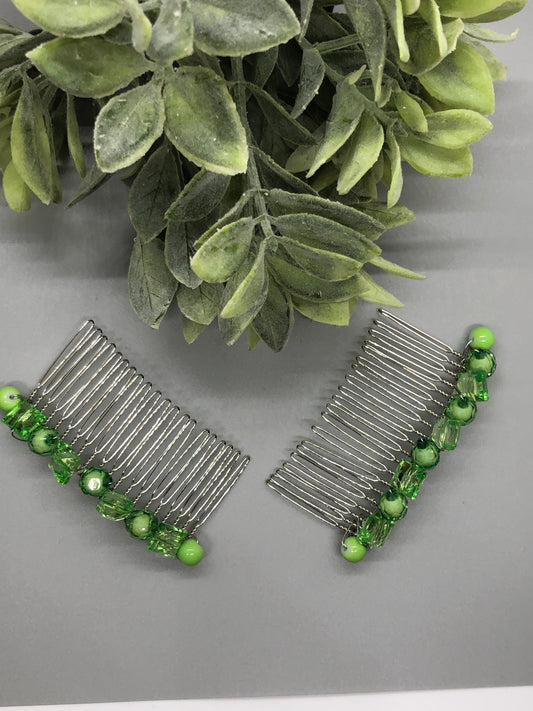 Lime Green White Pearls Beaded Hair Comb 2pc Set Retro Bridal Wedding Party Prom