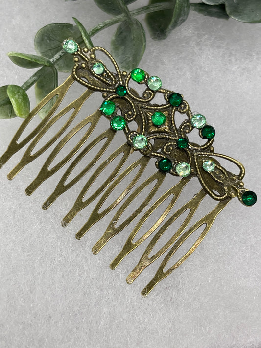 Green crystal rhinestone 2.5” side Comb Antique vintage style bridal Wedding shower sweet 16 birthday princess bridesmaid hair accessory