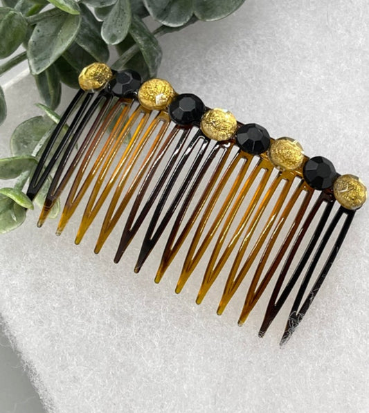 Orange black acrylic crystal side comb approximately 3.5” long tortoise plastic hair accessory bridal wedding Retro