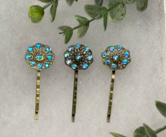 Blue rainbow  crystal  3 pc set Antique vintage Style approximately 3.0” flower hair pin wedding engagement bride princess formal hair accessories