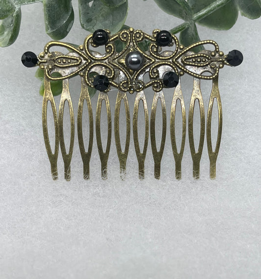 Black Pearl Crystal vintage antique style leaf side hair comb approximately 2.5” long  Handmade hair accessory bridal wedding