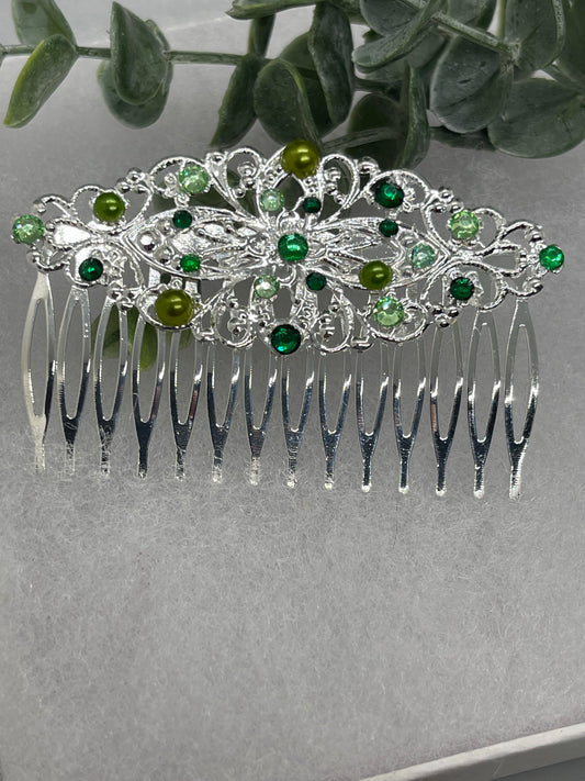 Green crystal rhinestone 3.5” silver side comb Antique vintage style bridal Wedding shower sweet 16 birthday princess bridesmaid hair accessory