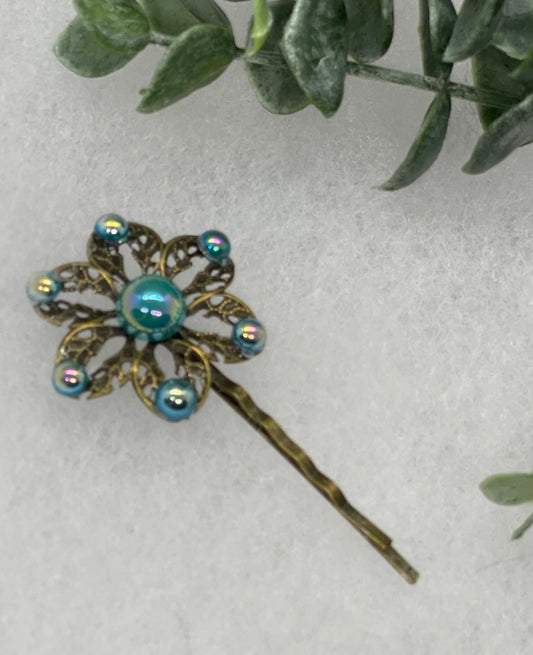 Teal iridescent pearl Antique vintage Style approximately 3.0” flower hair pin wedding engagement bride princess formal hair accessory