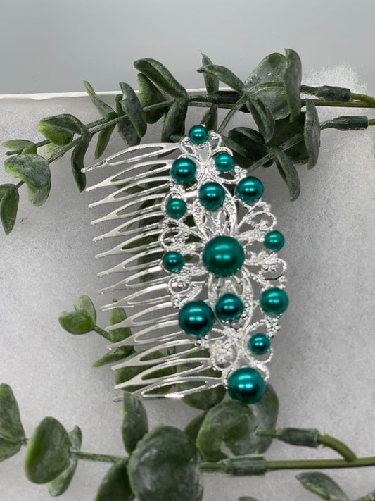 Teal Pearl Antique vintage Style silver 3.5 side Comb wedding engagement bride princess formal hair accessory accessories