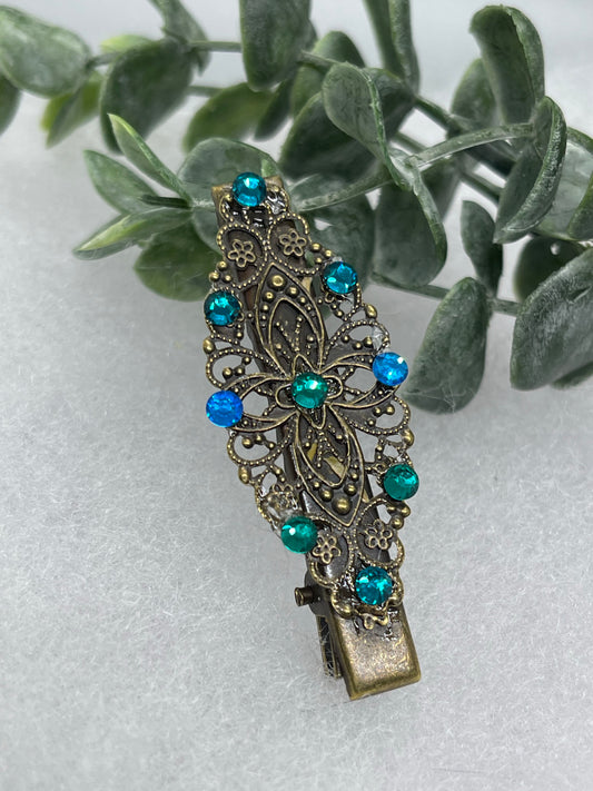 Teal blue crystal rhinestone 2.5” alligator clip  Antique vintage style bridal Wedding shower sweet 16 birthday princess bridesmaid hair accessory