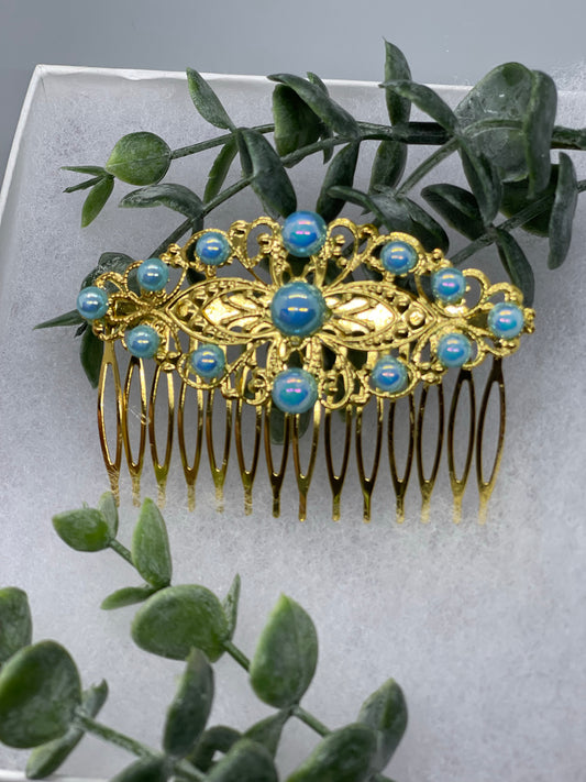 Baby Blue faux pearl vintage style tone side comb hair accessory accessories gift birthday event formal bridesmaid wedding  Gold 3.5” side comb