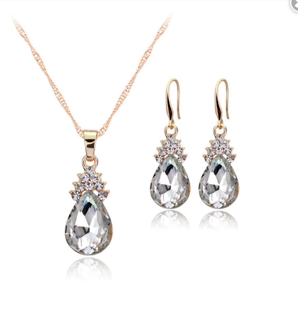 Hairdazzzel Crystal Teardrop Zinc Alloy Jewelry Sets Earring Necklace Plated Fashion Jewelry for Woman with Rhinestone Nickel Lead Cadmium Free NGS Set