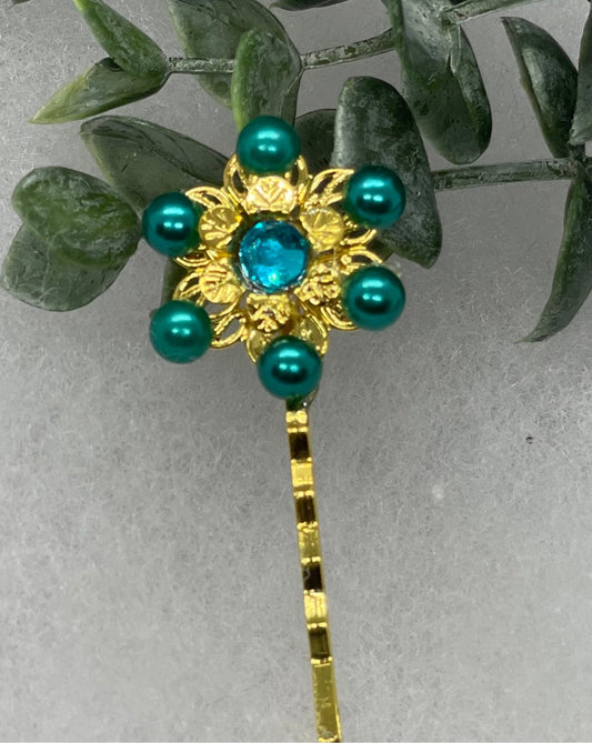 Teal Pearl crystal Gold Antique vintage Style approximately 3.0” flower hair pin wedding engagement bride princess formal hair accessory accessories