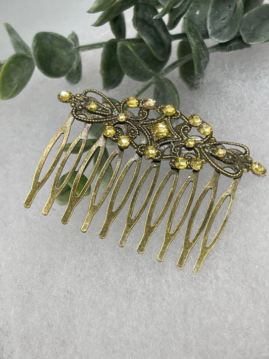 Yellow crystal rhinestone 2.5” side Comb Antique vintage style bridal Wedding shower sweet 16 birthday princess bridesmaid hair accessory