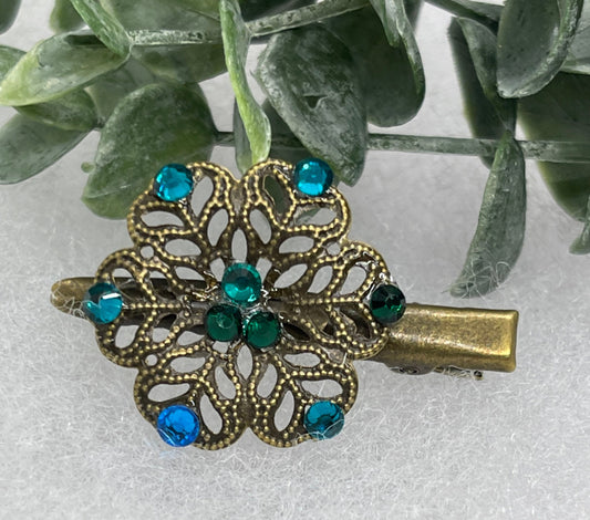 Teal bluevintage antique style flower hair alligator clip approximately 2.0” long Handmade hair accessory bridal wedding Retro