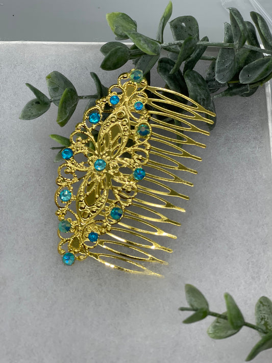 Teal crystal rhinestone vintage style  side comb hair accessories gift birthday 3.5” Metal side Comb