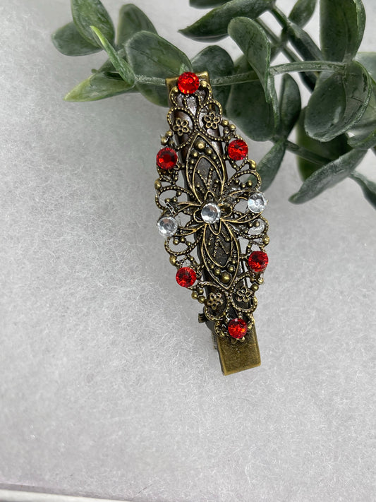 Red crystal rhinestone 2.5” alligator clip  Antique vintage style bridal Wedding shower sweet 16 birthday princess bridesmaid hair accessory