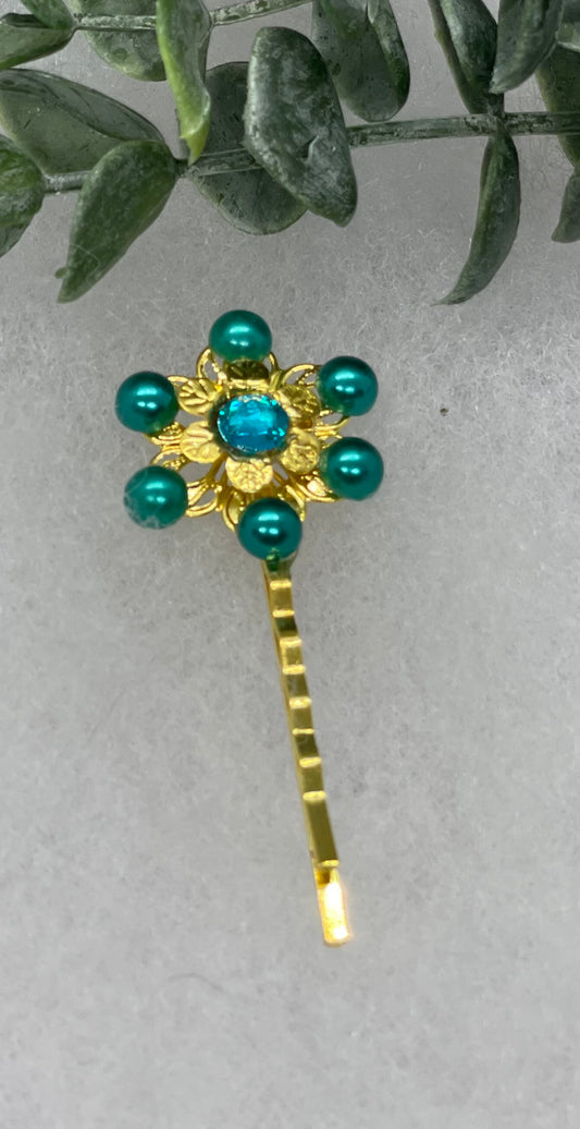 Teal Pearl crystal Gold Antique vintage Style approximately 3.0” flower hair pin wedding engagement bride princess formal hair accessory accessories