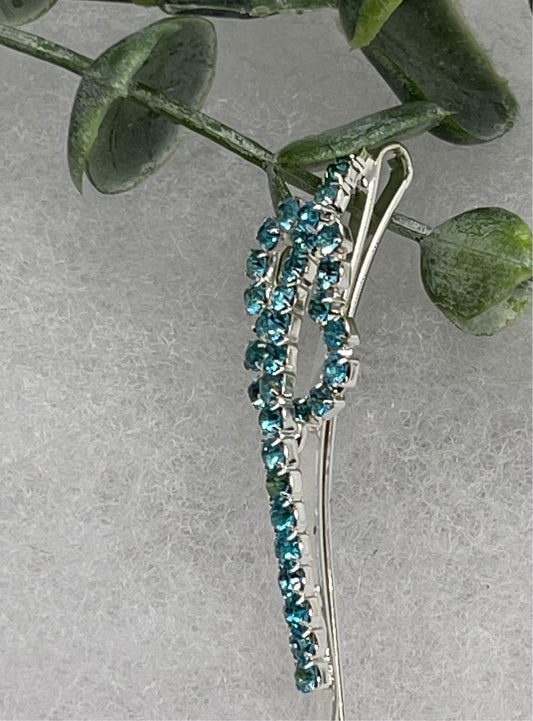 Teal blue eternal rings Crystal Rhinestone hair pin silver tone approx 2.5” bridesmaid wedding formal princess accessory accessories