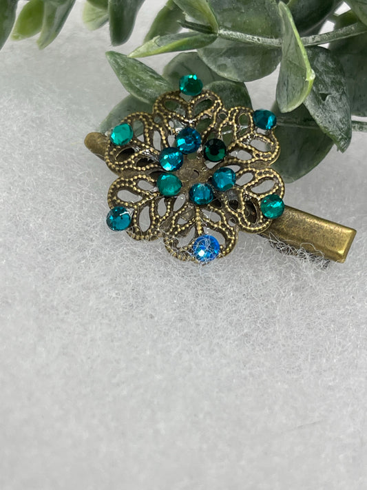 Teal green crystal rhinestone flower 2.0”alligator clip Antique vintage style bridal Wedding shower