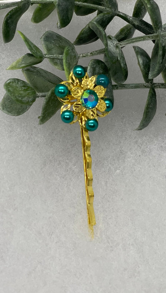 Teal Pearl crystal Gold Antique vintage Style approximately 3.0” flower hair pin wedding engagement bride princess formal hair accessory accessories