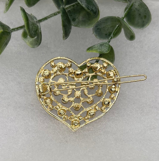 Clear Crystal rhinestone heart gold tone hair clip approximately 2.0” long hair accessory bridal wedding Retro Bridal Party Prom Birthday gifts