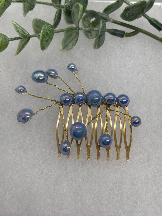 Blue faux Pearl 2.0” gold tone bridal side Comb accents vine handmade by hairdazzzel wedding accessory bride