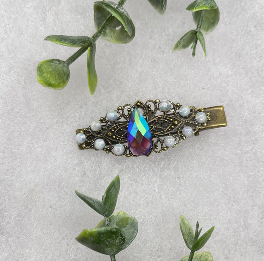 Iridescent Pearl Vintage Style Crystal Rhinestone 2,5” antique tone Metal Alligator clip  brid