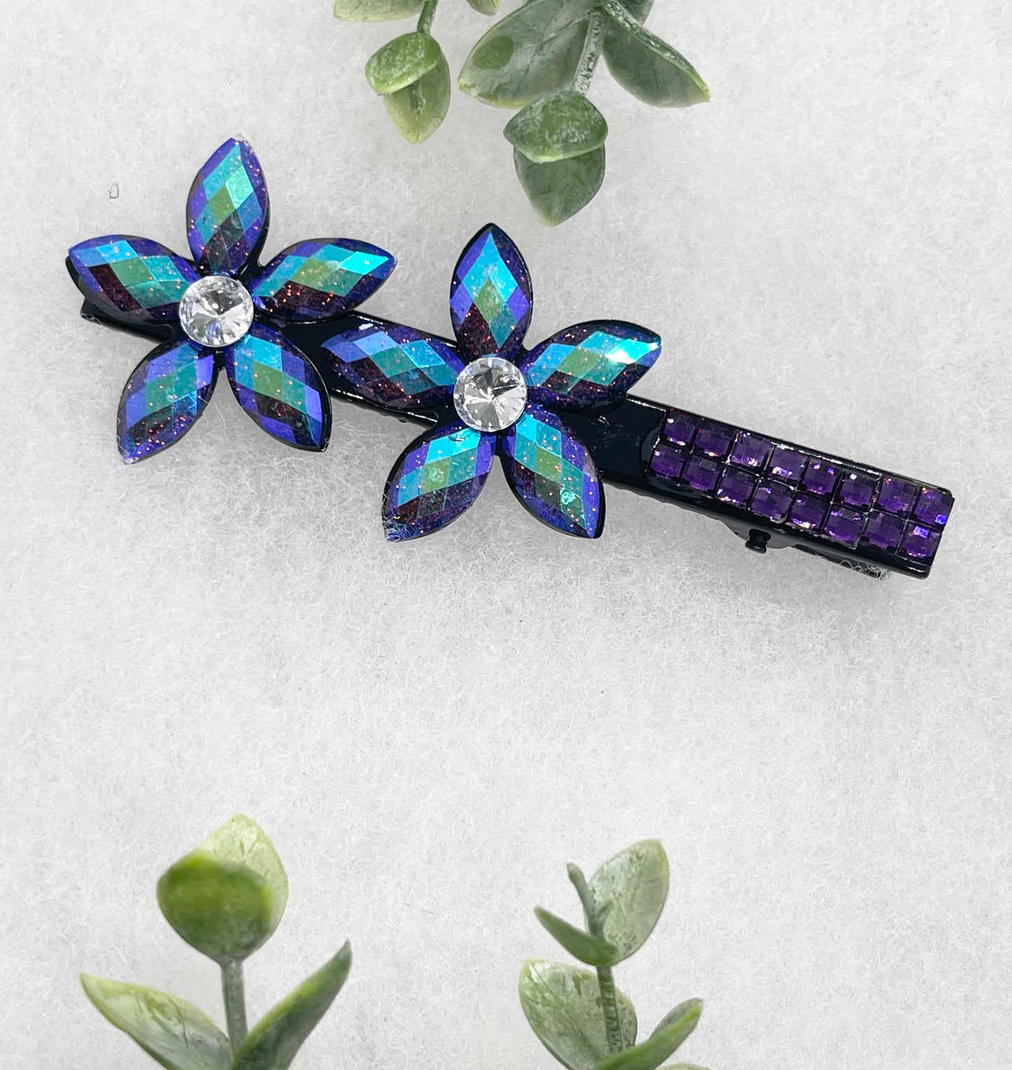 Blue Iridescent Crystal flower hair clip approximately 4.0” black tone formal hair accessory gift wedding bridal engagement