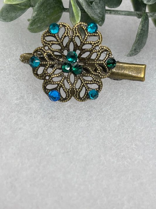 Teal blue green Crystal vintage antique style flower hair alligator clip approximately 2.0” long Handmade hair accessory bridal wedding Retro