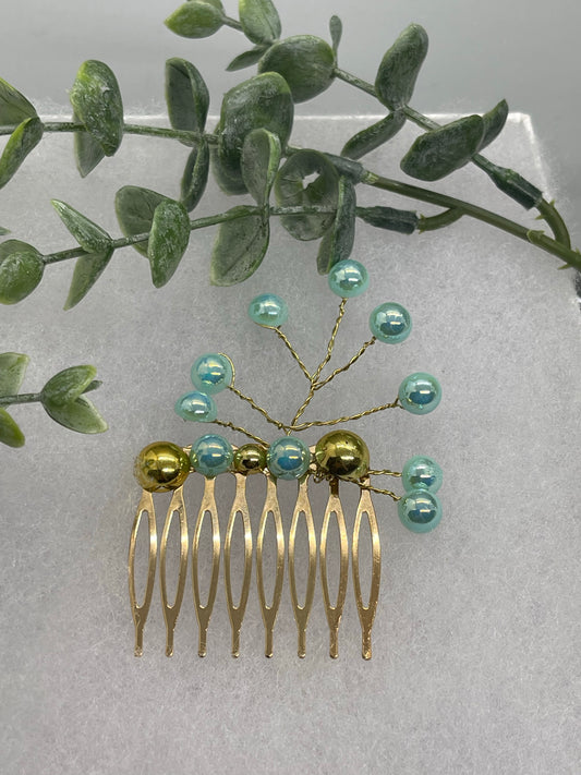 Mint Gold faux Pearl 2.0” gold tone bridal side Comb accents vine handmade by hairdazzze