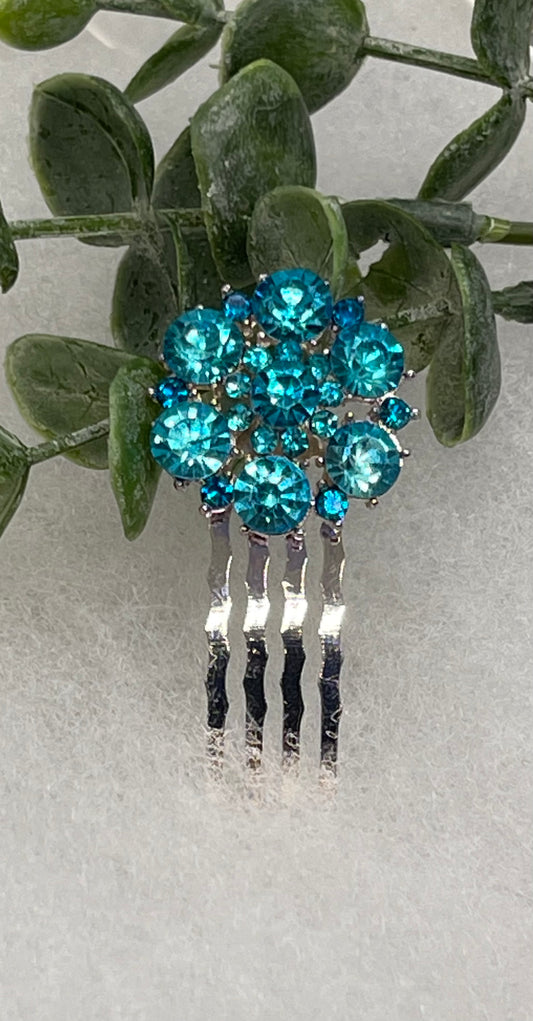 Teal blue crystal rhinestone flower approximately 2.0” hair side comb wedding bridal shower engagement formal princess accessory accessories