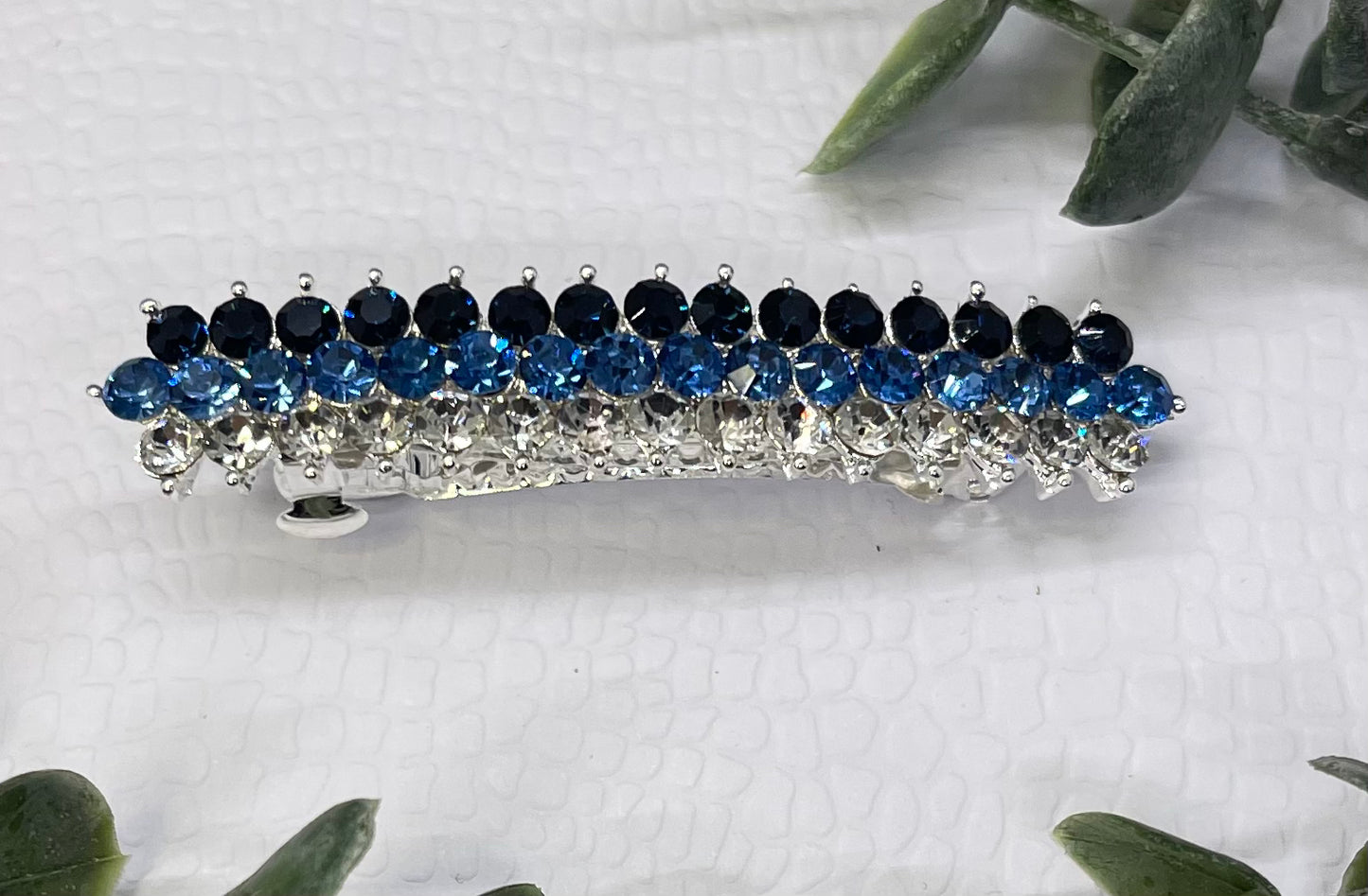 Blue Crystal rhinestone barrette approximately 3.0” Silver tone formal hair accessories gift wedding bridesmaid