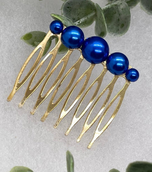 Royal blue pearl hair comb accessory side Comb 2.0” Metal side Comb