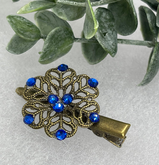 Royal blue Crystal vintage antique style flower hair alligator clip approximately 2.0” long Handmade hair accessory bridal wedding Retro