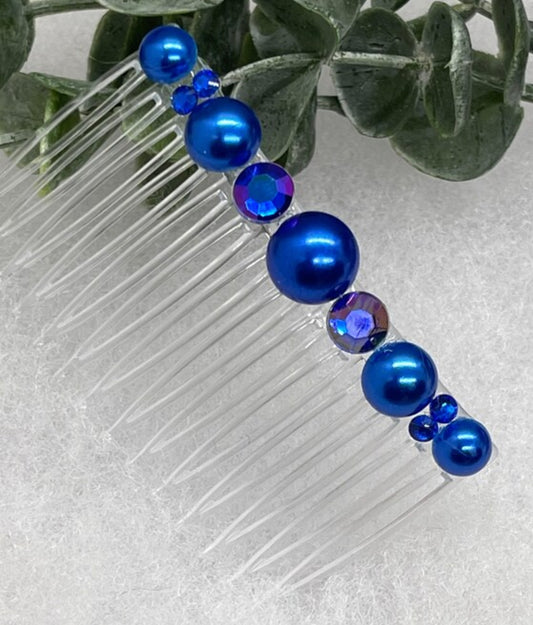 Royal blue faux Pearl crystal side comb approximately 3.5” long plastic hair accessory bridal wedding Retro